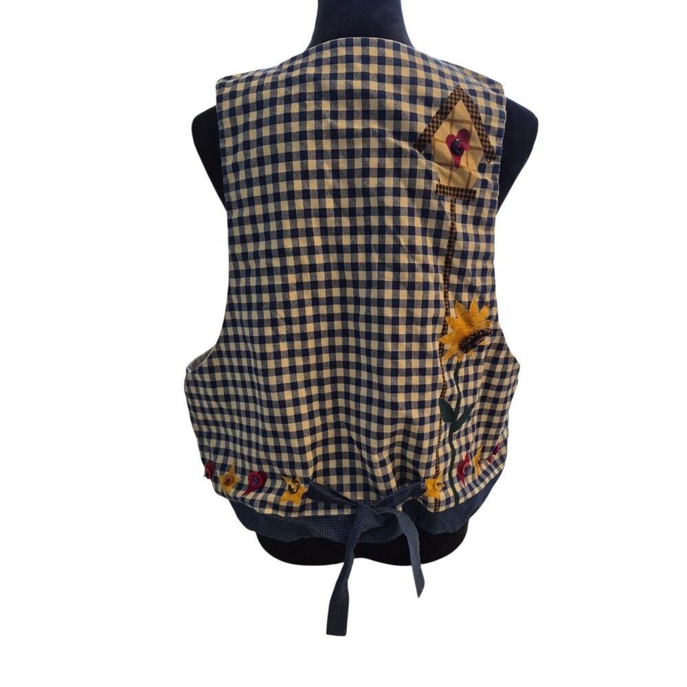 VTG Handmade Vest Sunflower Blue Spring Tie Back Cottagecore Checkered - Picture 2 of 5